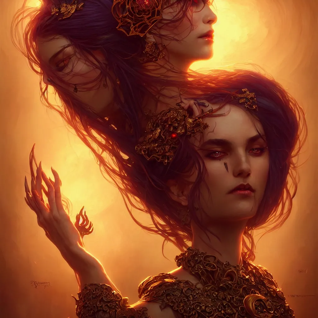 Image similar to Beautiful Evil Necromancer Sorceress, fantasy magic, undercut hairstyle, dramatic lighting, golden hour, close to night, intricate, elegant, sharp focus, illustration, highly detailed, digital painting, concept art, matte, art by WLOP and Artgerm and Greg Rutkowski and Alphonse Mucha, masterpiece