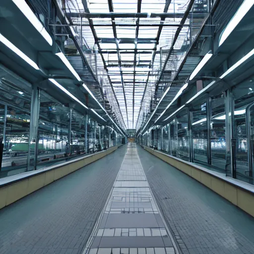 Image similar to inside of a translucent hyperfuturistic factory walkway