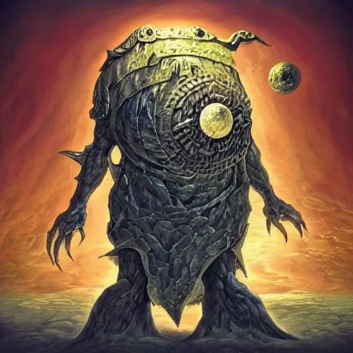 Prompt: moon monster as a dark souls boss in surrealism art style