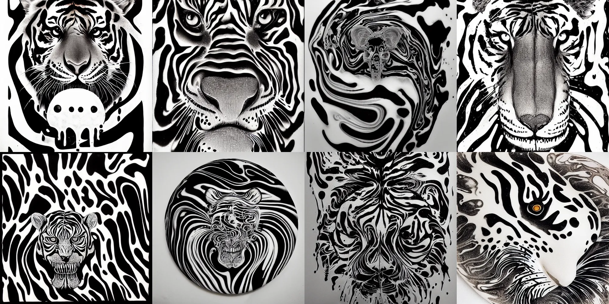 Prompt: latte art, reaction diffusion, water, abstract, liquid, swirly, black and white tiger head, skull, ink, latte art, by james jean