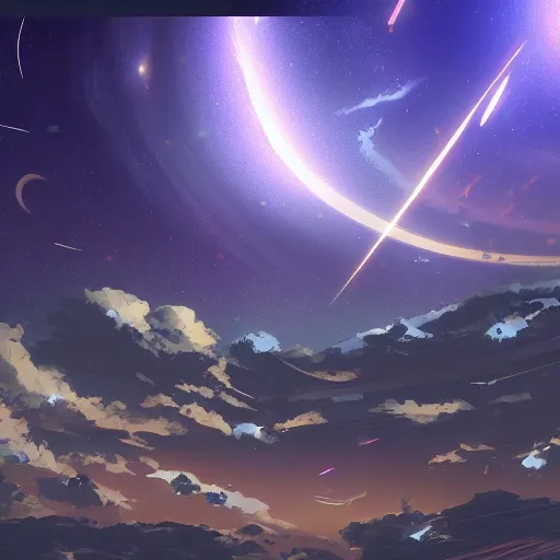 Image similar to Night sky with many meteorites, concept art, 4k, highly detailed, by Makoto Shinkai