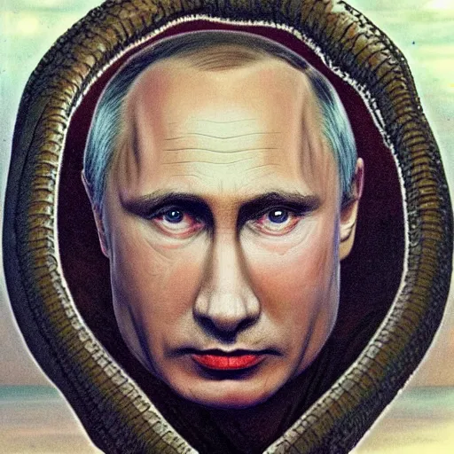 Image similar to portrait by giger of vladimir putin who became an giant lovecraftian worm, photo - realistic, color image, 2 k, highly detailed