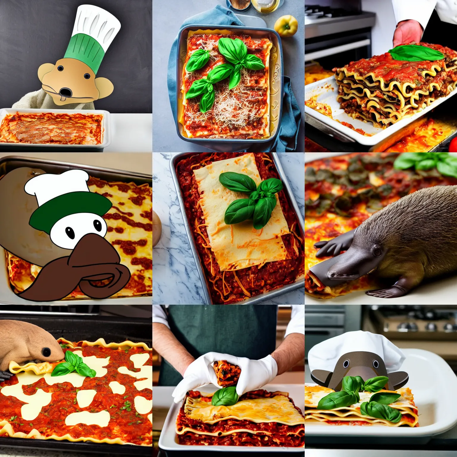 Prompt: platypus wearing a chef hat while taking a lasagna into an oven, with three basil leaves over the lasagna