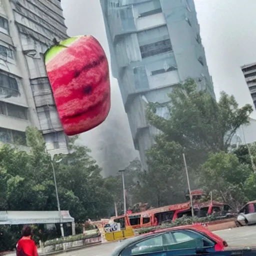 Prompt: an big watermelon falling from the sky crush the high building cause big destruction