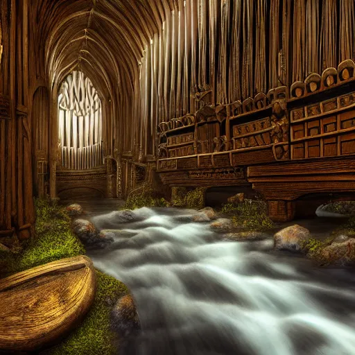 Prompt: A massive wooden pipe organ above a gentle stream running down below ,peaceful atmosphere, serene lighting ,digital art , highly detailed , high contrast, beautiful lighting, award winning , trending on art station, photorealistic, 8k