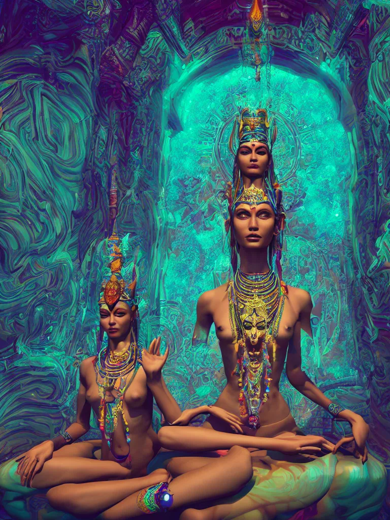 Prompt: a centered render of an alluring tribal goddess meditating in a mystical psychedelic temple, full body, gorgeous face, perfect face, powerful, by viktoria gavrilenko, 3 d, trending on artstation, octane render, 8 k