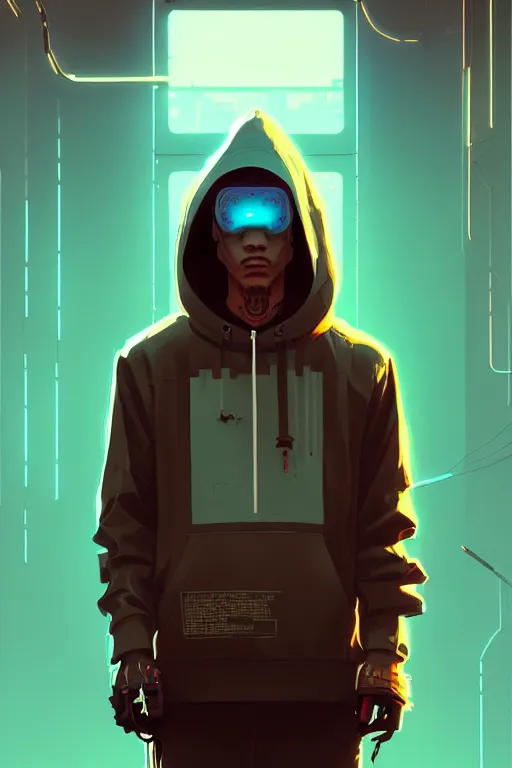 Image similar to cyberpunk synth, hyper - realistic portrait of a man in a hoodie, cyberpunk, by atey ghailan, by greg rutkowski, by greg tocchini, by james gilleard, by joe fenton, by kaethe butcher, dynamic lighting, gradient light blue, brown, blonde cream and white color scheme, grunge aesthetic