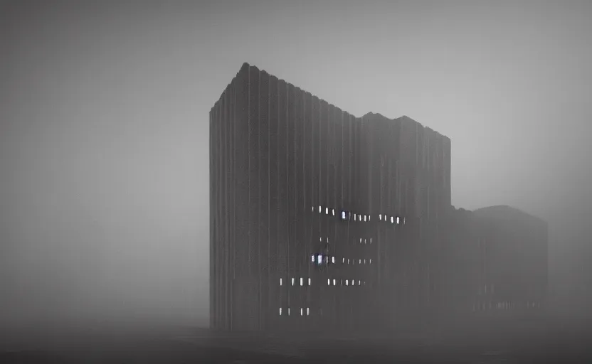 Prompt: Brutalist architecture buildings, gloomy and foggy atmosphere, octane render, artstation trending, horror scene, highly detailded