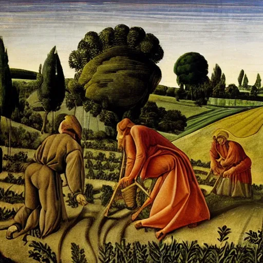 Prompt: Farmer tilling his field by Botticelli,