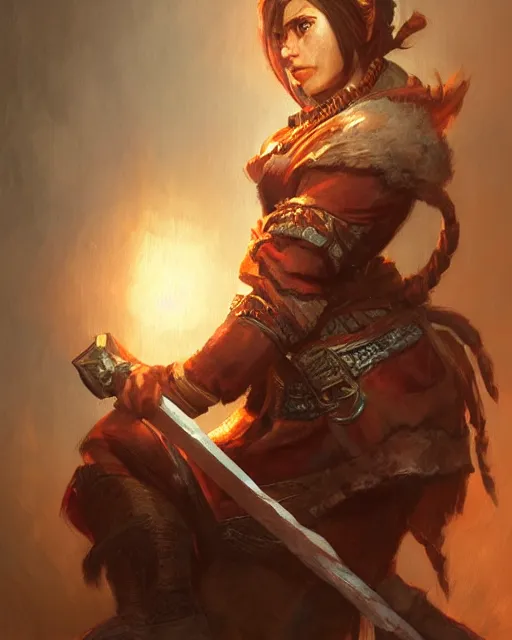 Image similar to the elder scrolls vi, charismatic rugged female redguard warrior portrait, illustration, rim light, top light, perfectly shaded, soft painting, art by krenz cushart and wenjun lin