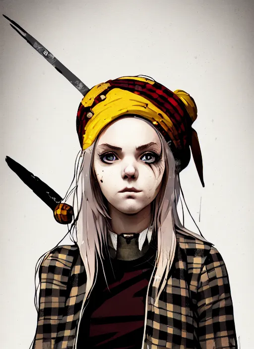 Image similar to highly detailed closeup portrait of a sewer punk swedish female mage student, tartan garment, blonde hair with headband by atey ghailan, by greg rutkowski, by greg tocchini, by james gilleard, by joe fenton, by kaethe butcher, gradient red, black, brown and white color scheme, grunge aesthetic!!! white graffiti tag wall background