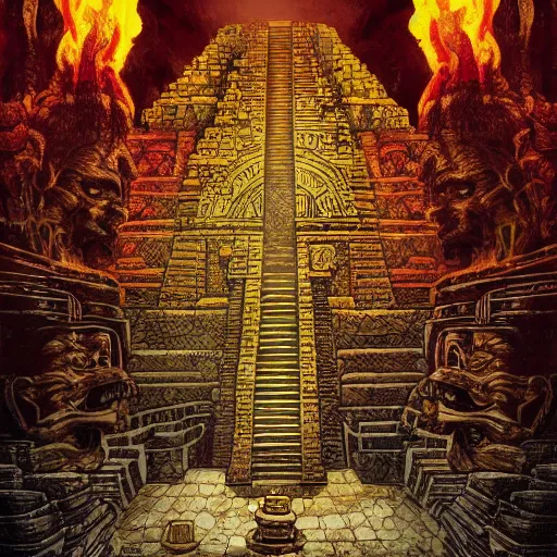 Prompt: Interior of the fire mayan god temple, mayan gothic design, doom, fire, flaming shrine, in the graphic style of and Patrick Gleason, hig key lighting, detailed art, trending on Artstation, sharp focus, comic art