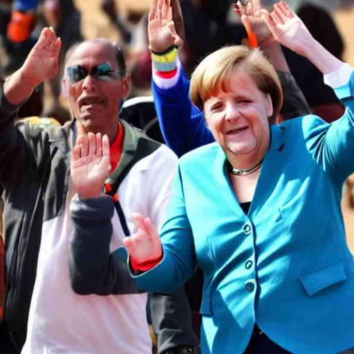 Prompt: angela merkel running marathon in sahara, hands in air, screaming and shouting