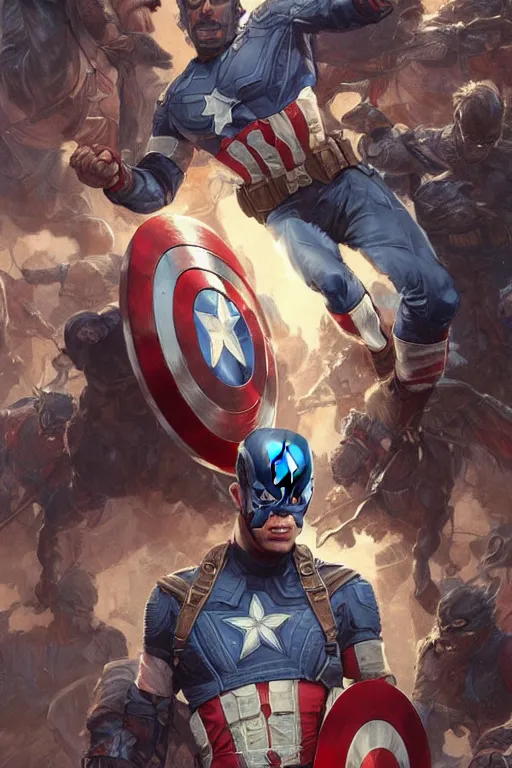 Image similar to Joe Biden as Captain America, western, D&D, fantasy, intricate, elegant, highly detailed, digital painting, artstation, concept art, matte, sharp focus, illustration, art by Artgerm and Greg Rutkowski and Alphonse Mucha