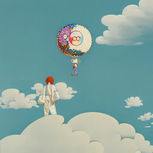 Image similar to a man walking on clouds above kyoto by takashi murakami, beeple and james jean, aya takano color style, 4 k, super detailed