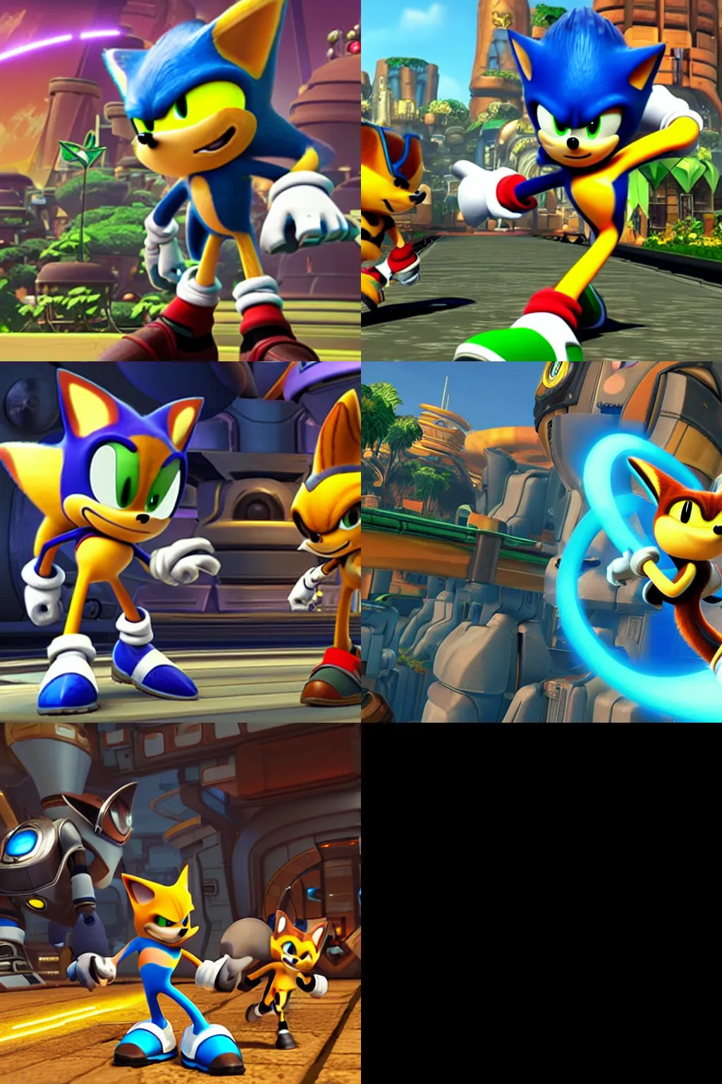 Prompt: sonic meets ratchet and clank in ratchet and clank rift apart