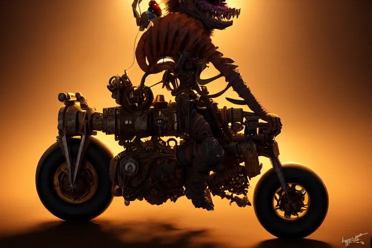 Image similar to a goblin riding a steampunk motorcycle, volumetric light, epic lighting, hyperdetailed, artstation, cgsociety, 8k