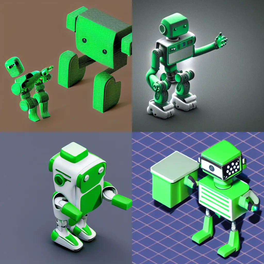 Prompt: an icon of a robot rendered in matte green clay, 3D render, isometric perspective, white background