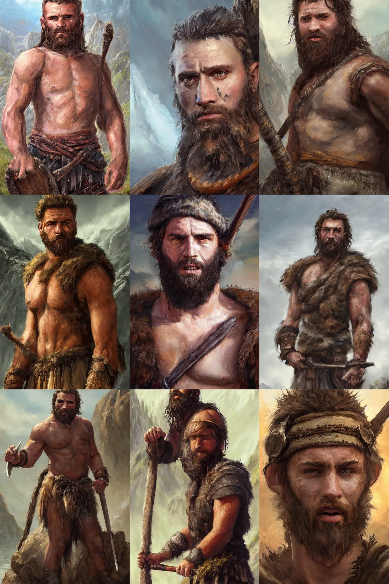 Image similar to a full body high detail fantasy portrait oil painting illustration of a single young rugged stoic barbarian man by Justin Sweet with face and body clearly visible, in a scenic background, pupils visible, realistic proportions, d&d, rpg, forgotten realms, artstation trending, high quality, sombre mood, artstation trending, muted colours, no crop, entire person visible!, natural light, Adobe Photoshop, Adobe Lightroom, photolab, Affinity Photo,