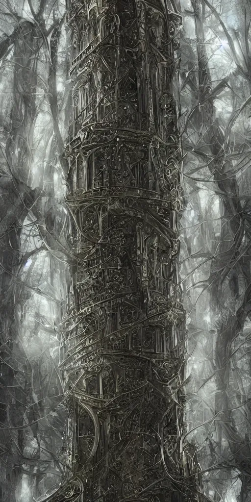 Prompt: elven architecture, tower made of silver, beautiful, tall, digital art