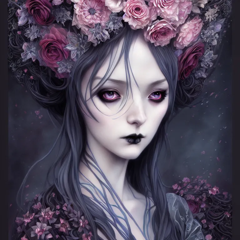 Prompt: stunning anime goddess hybrid of the floral river flowers, beautiful gothic dress in a dark romance, misty, by cgsociety, in the style of charlie bowater, tom bagshaw, intricate, beautiful, artstation 8 k, high resolutionsparkling atom fractals of jewls cords, by alex grey and hr giger
