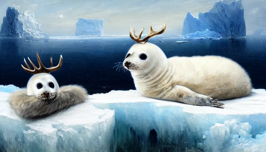 Prompt: highly detailed painting of cute furry white baby seal with antlers cuddling into each other on a blue and white iceberg by william turner, by greg rutkowski, by william constable, thick brush strokes and visible paint layers, 4 k resolution