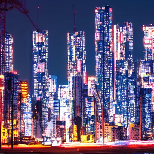 Prompt: akira cityscape at night. massive, bright towering neon skyscrapers. tokyo futuristic megacity metropolis, anime