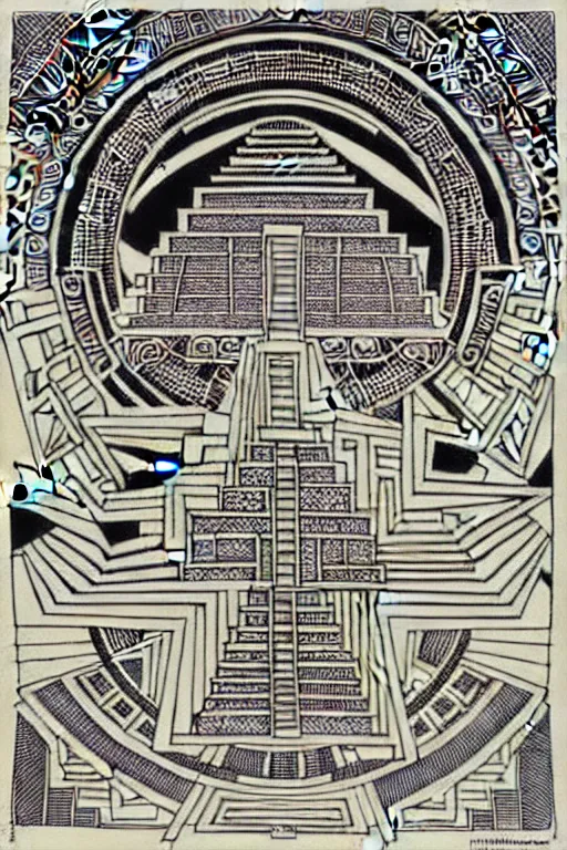 Prompt: a black and white drawing of an ancient future mayan temple mandala cityscape, a detailed mixed media collage by hiroki tsukuda and eduardo paolozzi and moebius, intricate linework, sketchbook psychedelic doodle comic drawing, geometric, street art, polycount, deconstructivism, matte drawing, academic art, constructivism