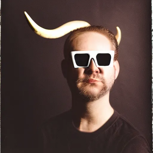 Prompt: portrait of a man with horns wearing sunglasses, creepy portrait, studio lighting, 4 k, masterpiece pinhole camera