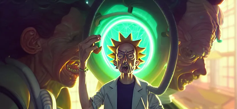 Image similar to ultra realistic illustration, handsome rick, handsome morty. going into green portal, intricate, highly detailed, digital painting, artstation, concept art, smooth, sharp focus, illustration, art by artgerm and greg rutkowski and alphonse mucha and wlop