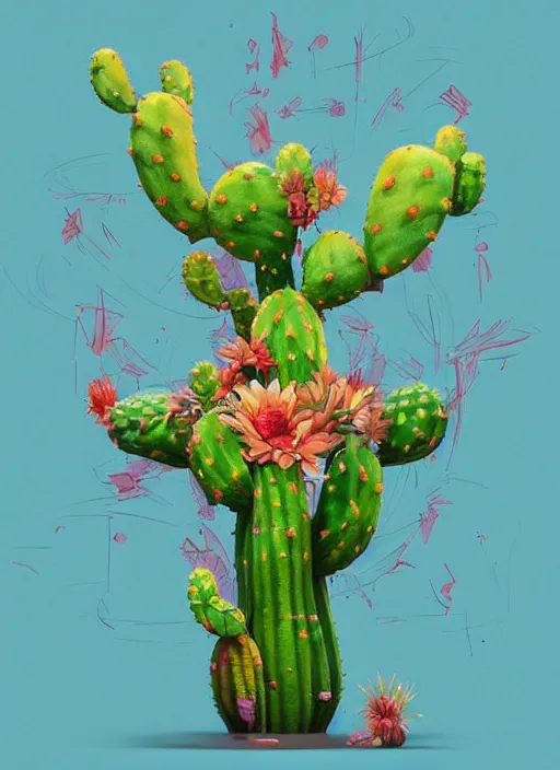 Image similar to colourful caricature - 3 d vfx art - of a cactus plant, art style by james jean & hsiao - ron cheng, character concept art, unreal engine render, digital illustration, sharp, intricate detail, volumetric light, ray tracing, soft light, symmetric, pinterest, artstation, behance,