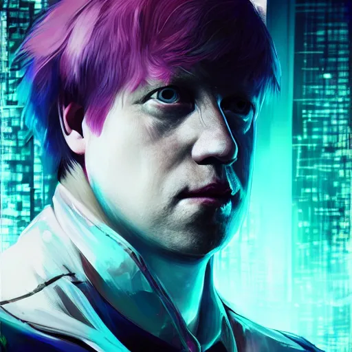 Prompt: beautiful portrait of boris johnson, art by wlop and artgerm and liam wong, cyberpunk, neon, intricate details, trending on artstation, sharp focus, caustics, octane render, radiant light, 4 k