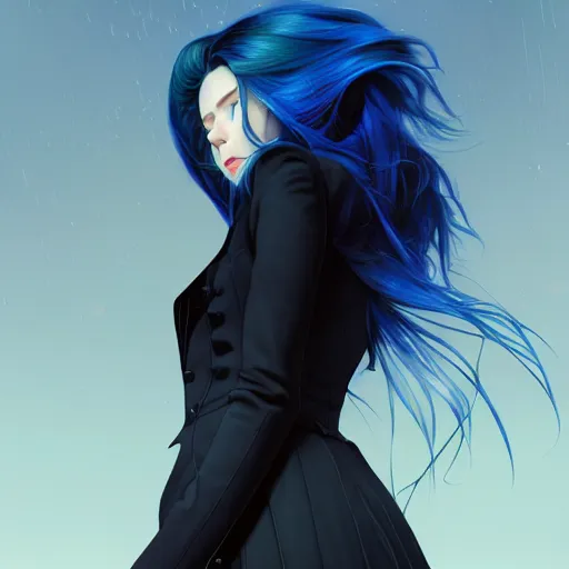 Image similar to low - angle shot from behind of a long blue - haired girl in a tailcoat looking up at the tower, combat boots, noir, screenshot, sharp focus, intricate, illustration, cell shaded, digital painting, highly detailed, straight hair, art by ilya kuvshinov, wlop, greg rutkowski, studio quality, james jean