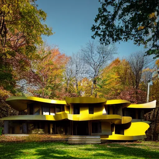 Image similar to architecture ad for a big mid-century modern house in the middle of the wood designed by frank gehry. grain, cinematic, colorized, yellow hue.