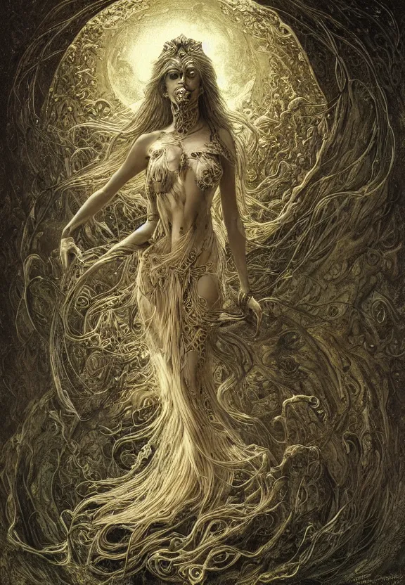 Image similar to full body front view of a beautiful biomechanical moon goddess, flowing hair, intense stare, sweet smile, concept art, intricate detail, volumetric shadows and lighting, psychedelic colors, realistic oil painting by gustave dore,