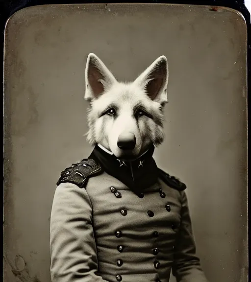 Image similar to professional studio photo portrait of anthro anthropomorphic albino german shepard head animal person fursona serious wearing elaborate military general uniform clothes degraded medium by Louis Daguerre daguerreotype tintype