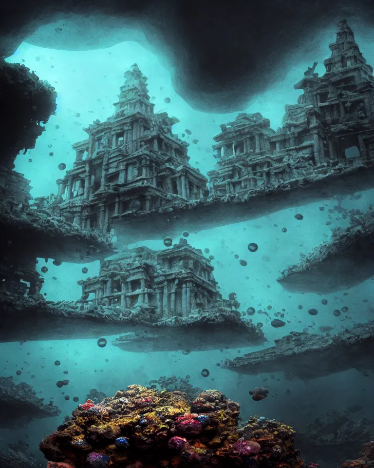 Image similar to full color, wide shot, submerged pre - incan temple, dark, underwater, symmetrical, bubbles, abyss, grenada underwater sculpture park, anime style mixed with fujifilm, detailed gouache paintings, stylized, dark, murky, foggy, atmospheric, artstation, cgsociety, octane render, cgi, unreal engine 5, denoise, cinematic masterpiece