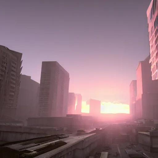 Image similar to a Half life 2 level, from the 2004 PC game Half life, brutalist architecture, stunning volumetric light, sunset, stunning skies, majestic landscape, trending on Artstation, 8k, photorealistic, hyper detailed, unreal engine 5, IMAX quality, cinematic, epic lighting, in the style of Viktor Antonov