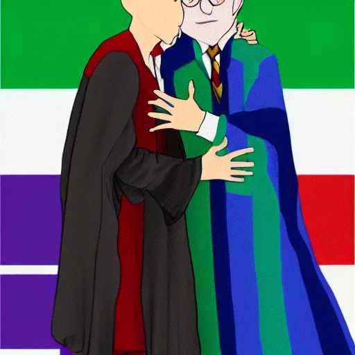 Prompt: harry potter hugging voldemort, pride flag in background, full picture, art by normal rockwell