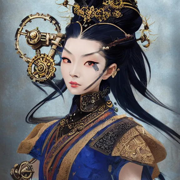 Image similar to ancient chinese princess with steampunk mask, dynasty warriors, headshot, elegant, unreal engine, 8 k, blue color scheme, headshot, highly detailed, smooth, ink painting, artstation, concept art, in style of yoji shinkawa, pan ren wei, col price, atey ghailan, by greg rutkowski, aesthetic