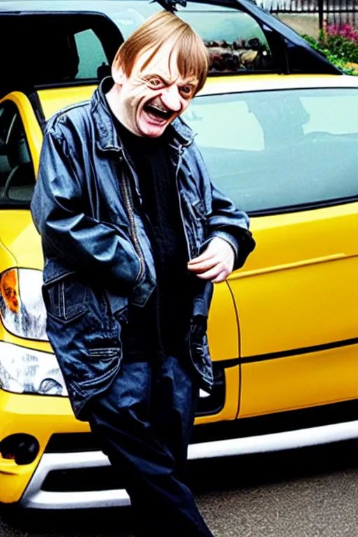 Prompt: Mark E Smith laughing at a Toyota Yaris car