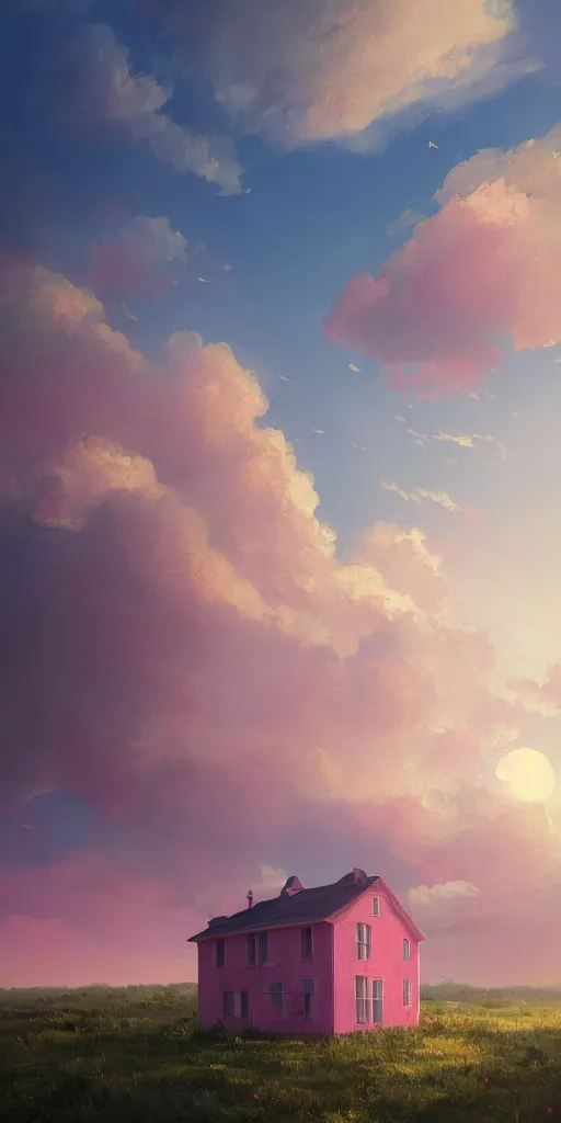 Image similar to a pink house in the sky, clouds, sunset, greg rutkowski, zabrocki, karlkka, jayison devadas, trending on artstation, 8 k, ultra wide angle, zenith view, pincushion lens effect