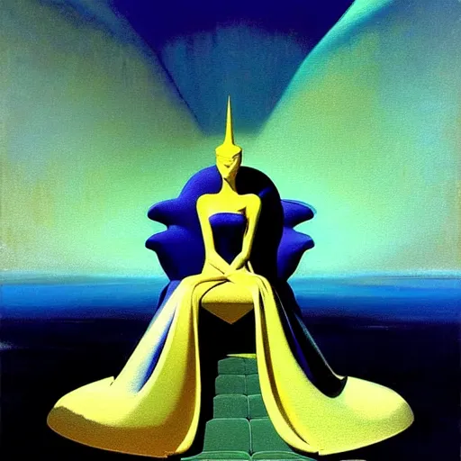 Image similar to an oil painting of a queen in a thierry mugler dress sitting on a throne, by bruce pennington, by eyvind earle, nicholas roerich, by frank frazetta, by georgia o keeffe, by dean cornwell, highly detailed, contest winner, eerie, ominous, tonalism, jewels, rich baghdad, oriental, desaturated, anime