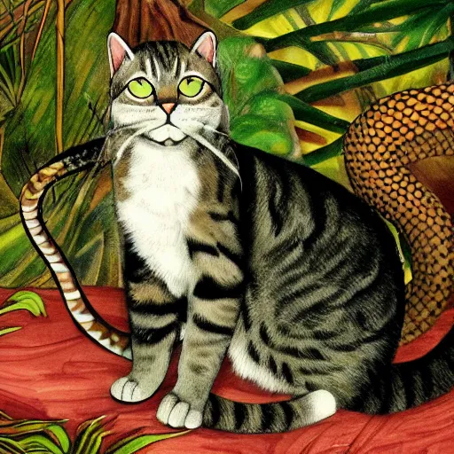Prompt: cat with a snake body, jungle background