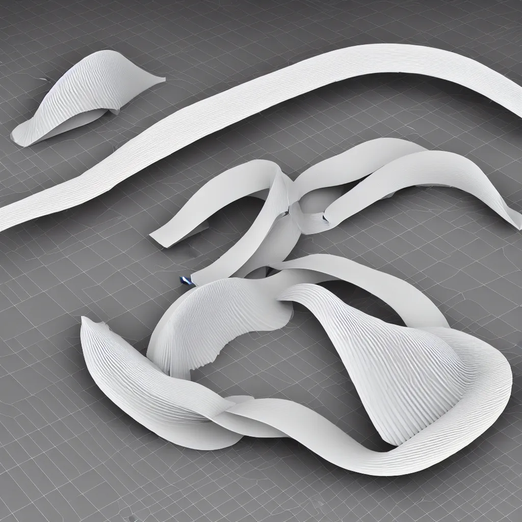 Prompt: construction of mobius strip sculptural pleated curved roof planes lift and descend creating shade and architectural expression, 3 d top view axonometric, dramatic surrealist form, morning light, lightweight structures, solid boolean subtraction, isometric