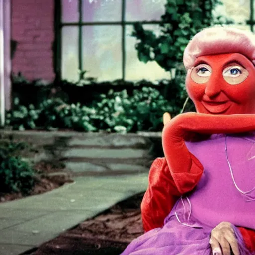 Prompt: Still from a live-action children's tv show about an old lady dressed as a nose with enormous feet, technicolor 1973