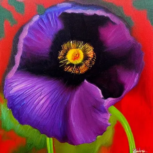Image similar to black blue and purple papaver flower, oil painting