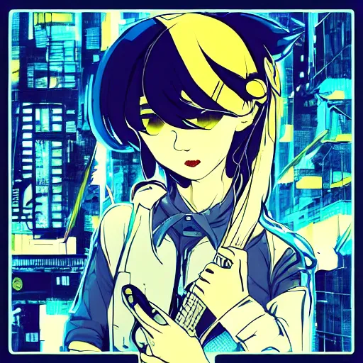 Image similar to Frequency indie album cover, luxury advertisement, blue filter, blue and black colors. Clean and detailed post-cyberpunk sci-fi close-up schoolgirl in asian city in style of cytus and deemo, blue flame, relaxing, calm and mysterious vibes, by Tsutomu Nihei, by Yoshitoshi ABe, by Ilya Kuvshinov, by Greg Tocchini, nier:automata, set in half-life 2, Matrix, GITS, Blade Runner, Neotokyo Source, Syndicate(2012), dynamic composition, beautiful with eerie vibes, very inspirational, very stylish, with gradients, surrealistic, dystopia, postapocalyptic vibes, depth of field, mist, rich cinematic atmosphere, perfect digital art, mystical journey in strange world, beautiful dramatic dark moody tones and studio lighting, shadows, bastion game, arthouse