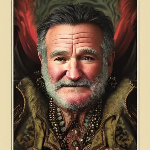 Image similar to an ultradetailed portrait of robin williams dressed as sheogorath, d & d, fantasy, intricate, elegant, highly detailed, digital painting, matte, sharp focus, illustration, art by john collier and albert aublet and krenz cushart and artem demura and alphonse mucha