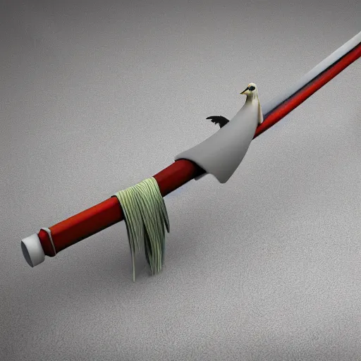 Image similar to bird with samurai sword, 3d render,